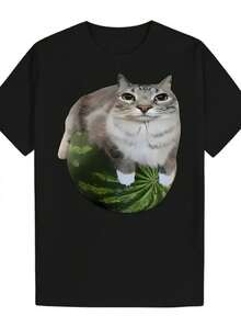 Men'S Funny Cat Meme Graphic T-Shirt - Lightweight Polyester Crew Neck Tee With - 黑色 - 查看 1