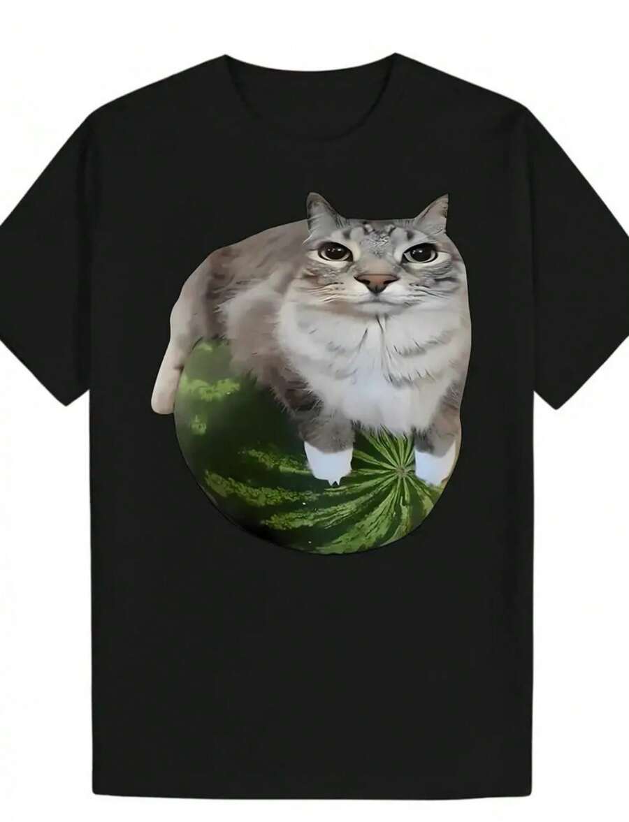 Men'S Funny Cat Meme Graphic T-Shirt - Lightweight Polyester Crew Neck Tee With - 黑色 - 查看 1