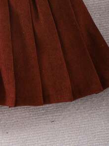 2pcs/Set Girls Ribbed Bow Decor Top And Corduroy Pleated Skirt Suit, Stylish School Look, Spring/Autumn - Brown - View 10