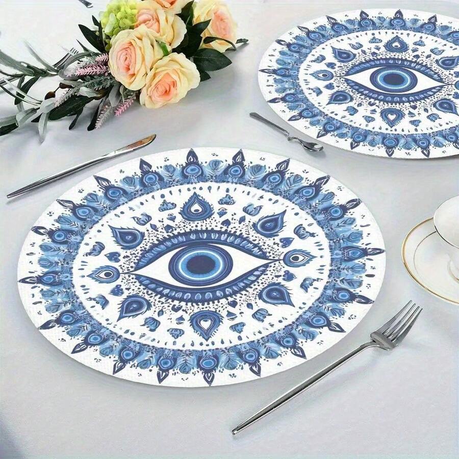 4PC Evil Eye Design Placemats - 15x15inch /38x 38cm , Washable Polyester Round Table Mats, Suitable For Kitchen And Dining Rooms, Blue And White Floral Pattern With Evil Eye Symbol, Suitable For Holiday Parties And Home Decoration, Dining Table Accessories|Evil Eye Pattern|Durable Tableware| Non-Slip/Easy-To-Clean Dining Table Mat| Perfect For Dining Tables And Parties - Nhiều màu - Xem 1
