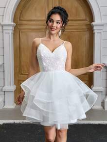 YUMIBRAVO 芭蕾舞风格新娘婚纱 圣诞派对礼服 优雅珠光亮片连衣裙 女士不对称下摆派对礼服 女士婚纱 新娘舞会礼服 毕业礼服 舞会礼服 女士正式礼服 女士生日礼服 - 白色 - 查看 3