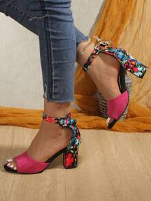 Women's Chunky Heel Sandals Open Toe Casual Shoes, Ditsy Floral Peep Toe High Heels, Versatile For Dresses And Parties, Plus Size - Rose Red - View 5