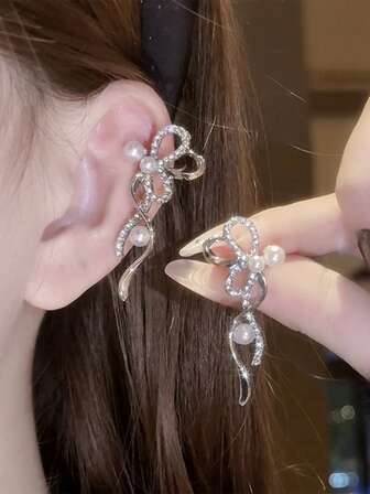 法式懒人风耳骨夹仿珍珠优雅蝴蝶结耳夹无耳洞高端质感耳钩