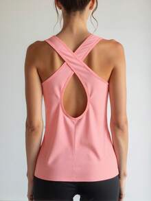 Áo tank top thể thao nữ dây chéo, áo không tay tập luyện, áo chạy bộ và áo mặc thường ngày màu hồng mùa hè. - Hồng - Xem 3
