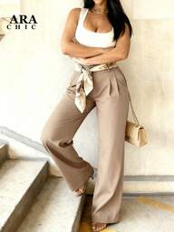 ARA CHIC Women's Plus-Size Khaki High-Waisted Wide-Leg Pants With Draping Effect - Casual, Effortless Style, Slim-Fitting, Floor-Length, For Commuting, New Autumn Winter Style