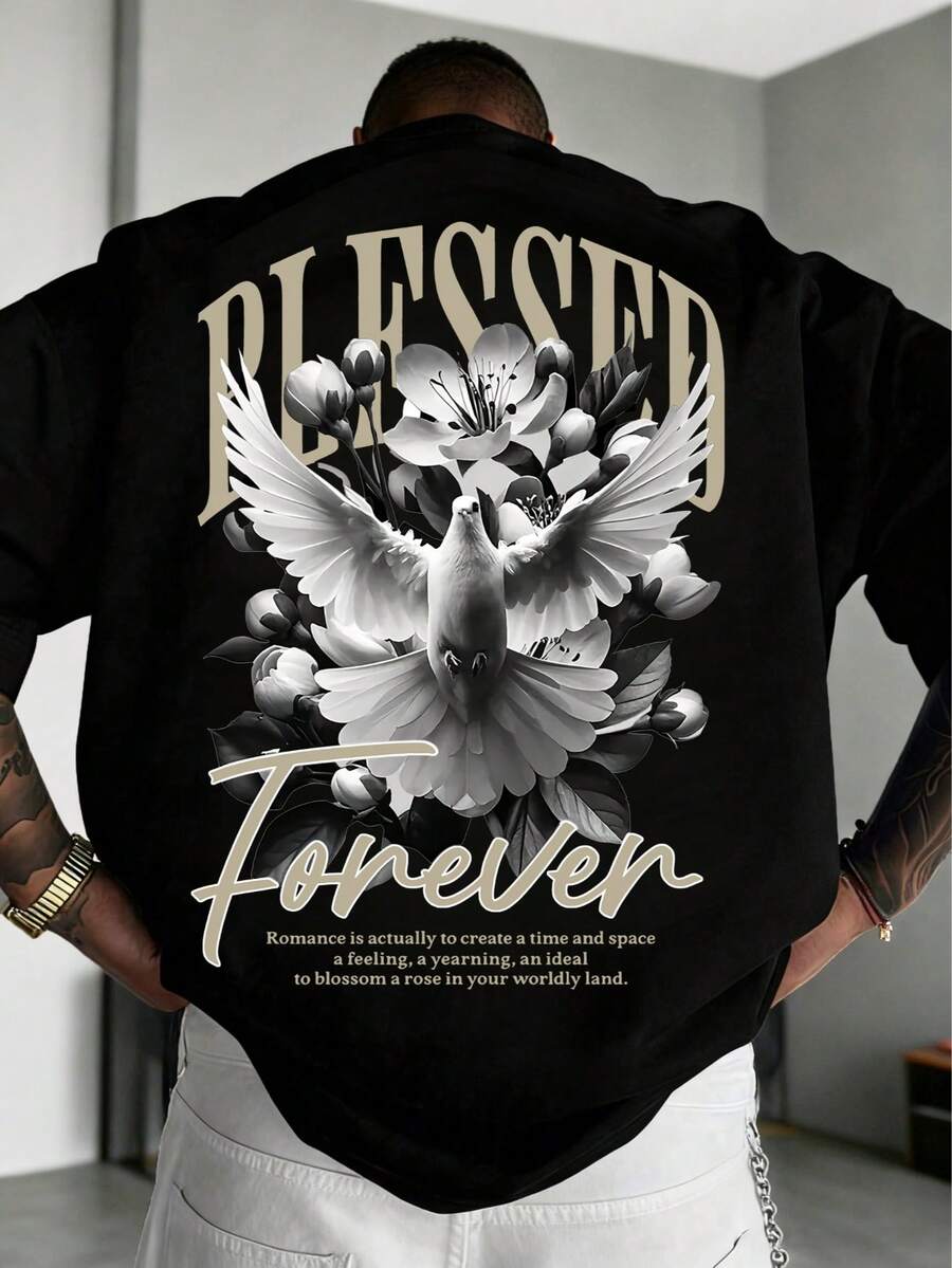 Camiseta de manga corta casual y versátil con estampado gráfico simple para hombres de K-GLORY - Negro - Ver 1