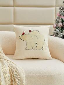1pc Cute Polar Bear & Santa Hat Embroidered Throw Pillow Cover, Suitable For Living Room, Bedroom, Sofa, Party, All Season, Autumn/Winter - Multicolor - View 4