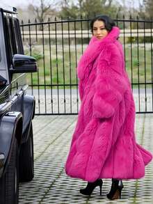 FHILLINUO Vibrant Pink Plus Size Long Faux Fur Coat With Waterfall Neckline And Fuzzy Texture Stylish Winter Outerwear - 玫紅色 - 查看 4
