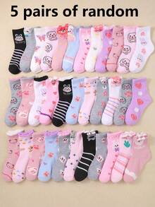 20 Pairs Girls' Cartoon Pattern Comfortable Mid-Calf Socks, Rabbit/Bear Designs, Lace Trim, Assorted Styles, Suitable For Daily Wear - Multicolor - View 17