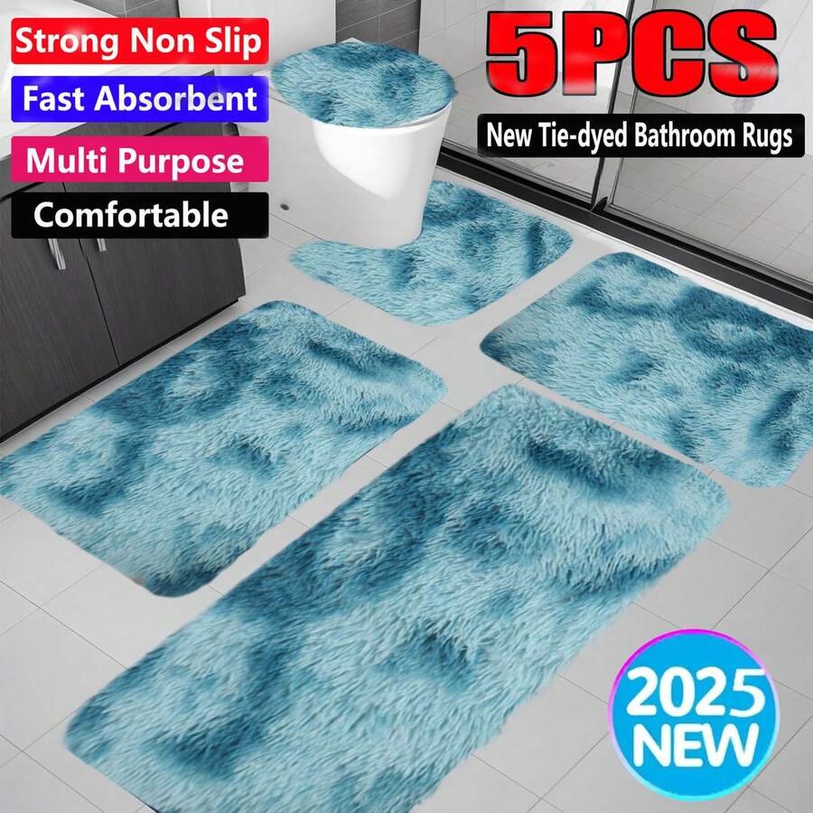 Three-Piece Bathroom Floor Mat Carpet, Tie-Dyed Mixed Color Bathroom Mat Is Soft, Comfortable And Absorbent, Machine Washable, Suitable For Bathroom Shower Room - 5件裝-藍色 - 查看 1
