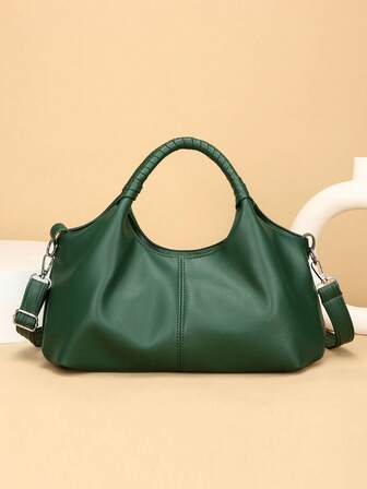 新款复古PU皮女士手提包，时尚拉链单肩包，配可拆卸肩带，女士工作旅行二合一包，灰色、黑色、绿色