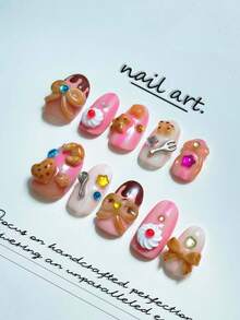 1片手工制作的按压式美甲贴片。可爱美甲，甜点主题，3D黄油饼干设计，方形/圆形粉色假指甲，可重复使用，高端品质，适合日常佩戴或节日装扮。美甲用品 - 彩色 - 查看 3