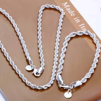 925 Sterling Silver Plated Fashion Exquisite Men's&Women's 4mm Rope Chain Necklace Bangle (Necklace+Bracelet)