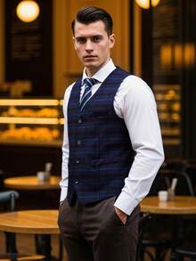 Elegant Men's Suits 3 Piece Set Regular Fit Dress Tuxedo For Men Two Button Plaid Casual Button Front Daily Anniversary Garden Holiday Going Out Formal Jacket Vest Pants Set Size XS-XXXL Clothes For Men - 寶藍藍格 - 查看 3