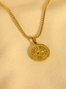1pc 18K Gold Plated Fashionable Versatile Viking Nordic Style Metal Compass Pendant Necklace, Stainless Steel High-End Daily Wear For Men - Yellow Gold - View 1