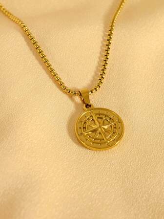 1pc 18K Gold-Plated Fashionable & Versatile Viking/Nordic Style Metal Compass Pendant Necklace, Stainless Steel, High-End, Suitable For Men's Daily Wear, Valentine's Day
