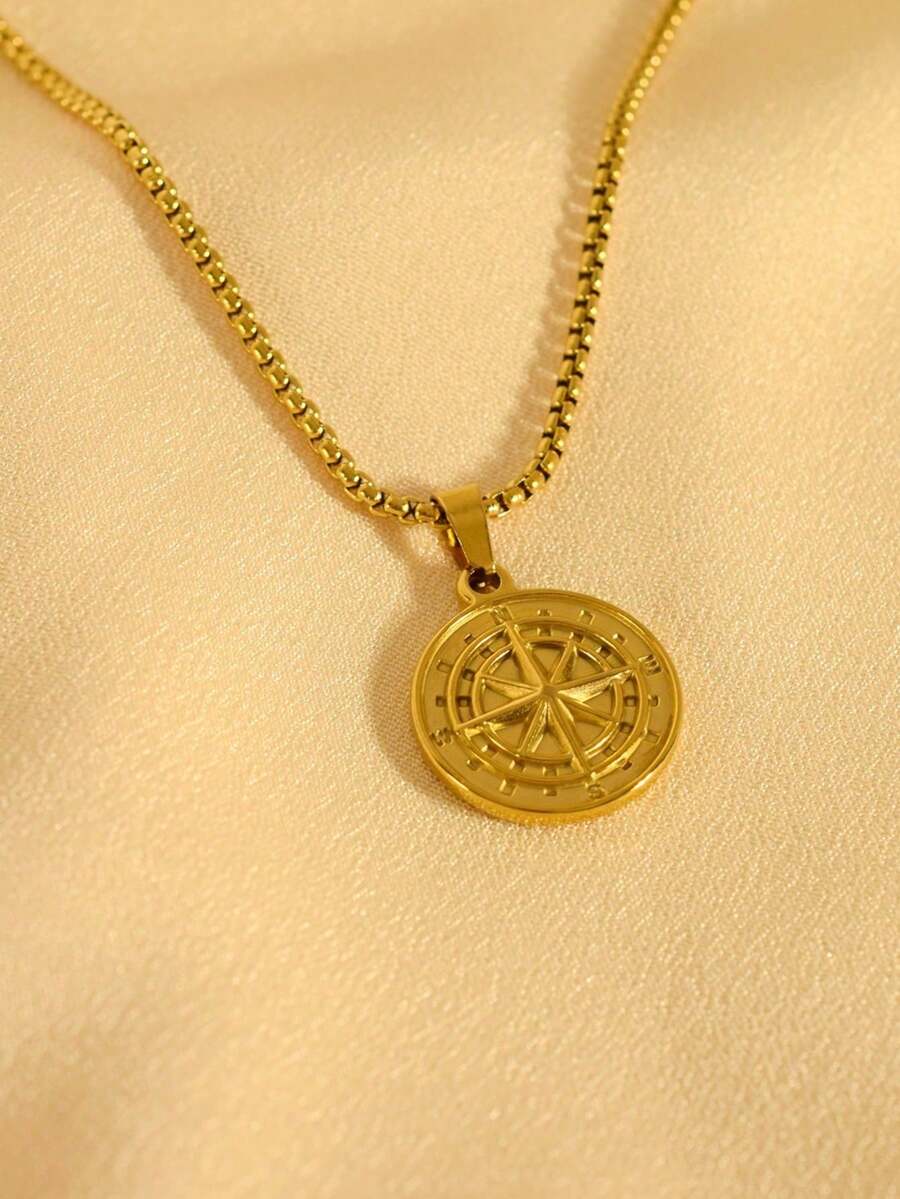1pc 18K Gold Plated Fashionable Versatile Viking Nordic Style Metal Compass Pendant Necklace, Stainless Steel High-End Daily Wear For Men - Yellow Gold - View 1