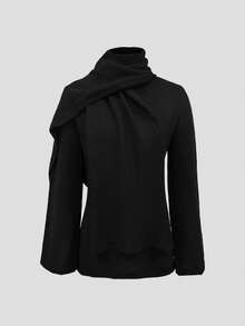 2025 Autumn/Winter Minimalist Solid Color Pullover Sweater With Scarf, Elegant For Daily Commute (Includes Scarf) - Black - View 3