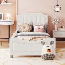 Lit enfant rembourré 90 x 200 cm, canapé-lit multifonctionnel en flanelle avec et accoudoirs, lit double parent-enfant, lit d'appoint rose - Beige + Bois Massif - Voir 11