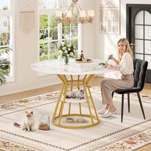 Round Dining Table (1 Piece), Kitchen Table, Breakfast Table, Metal Legs, Gold/Black Marble Pattern - Gold - View 1