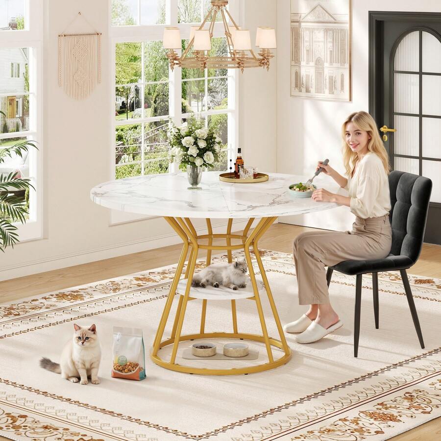 Round Dining Table (1 Piece), Kitchen Table, Breakfast Table, Metal Legs, Gold/Black Marble Pattern - Gold - View 1