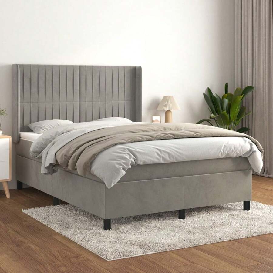 vidaXL Boxspringbett Mit Matratze, Hellgrau, 140x190 Cm, Samt - Grey - View 1