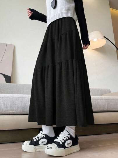 女士纯色弹力腰休闲荷叶边半身裙