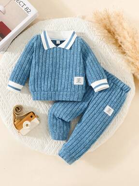 مجموعة ملابس علوية ذو ياقة مخططة وبنطلون طويل بسيط للأطفال الصغار، ملابس دافئة للاستخدام اليومي في فصلي الخريف والشتاء، 2 قطعة
