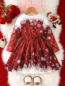 女孩圣诞格子雪花星星印花束腰长袖连衣裙，可爱公主风，适合节日派对、户外休闲装 - 紅色 - 查看 2