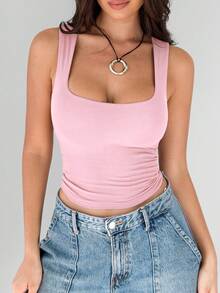 SDNGED女士纯色双层褶皱方领百搭背心，春夏款