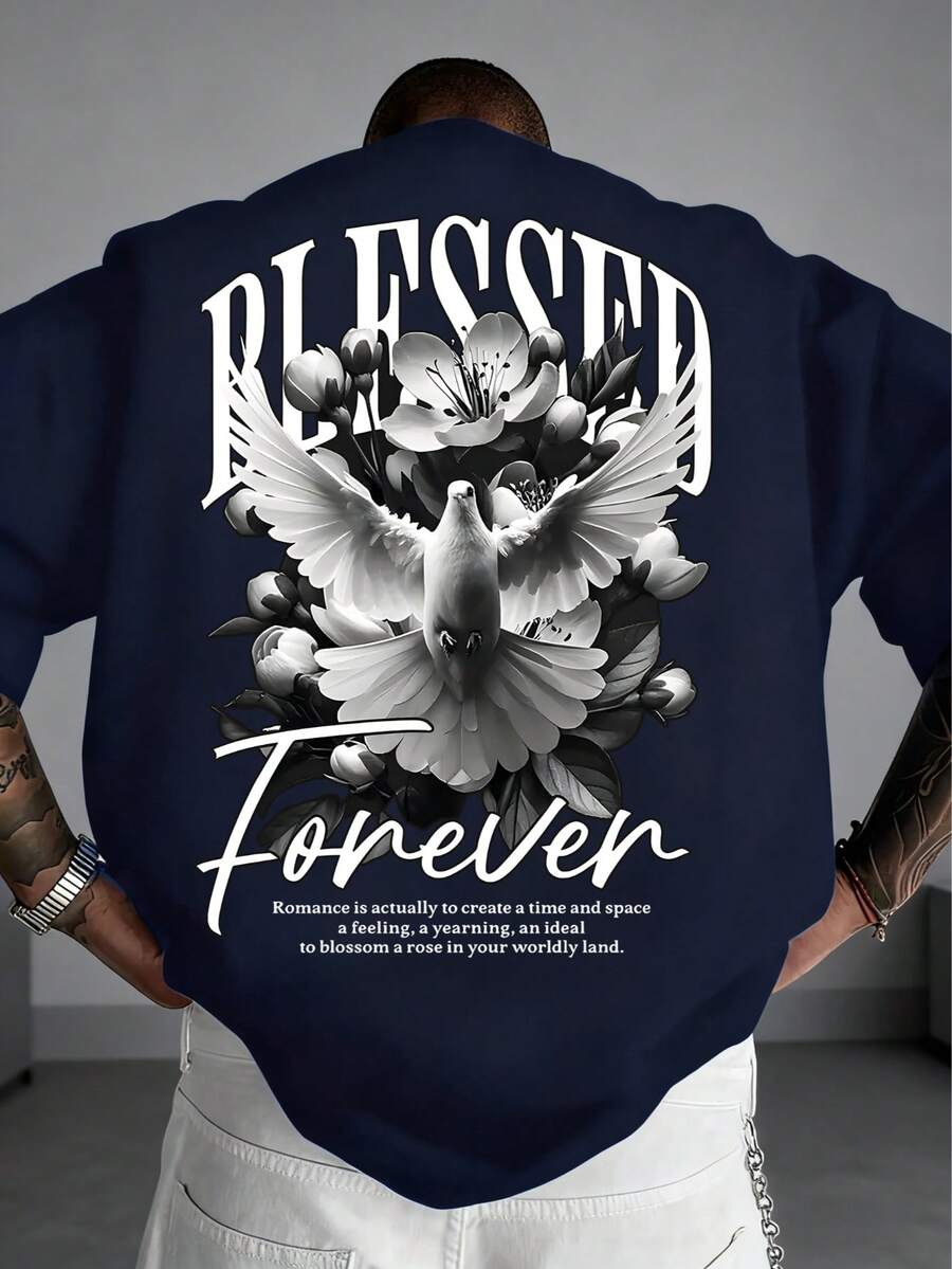 Camiseta de manga corta con estampado gráfico sencillo y versátil casual para hombres de K-GLORY - Azul Marino - Ver 1