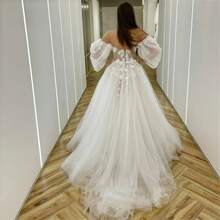 Elegant Sweetheart Long Puff Sleeves Wedding Dress,Off Shoulder V Neck A-Line 3D Applique High Slit Tulle Formal Bride Gowns Women,Registry Office Dresses Bridal Fashion,Evening Party Dress Birthday Party Dress Country Wedding,Romantic Church Ceremony Wedding Dress,Suitable For Wedding,Dating,Party,Singles' Party,Vacation,Formal Occasions,Dinner Dress,Prom Dress,Homecoming Dess,Cocktail Party,Wedding Guest Dress,Graduation - 白色 - 查看 5