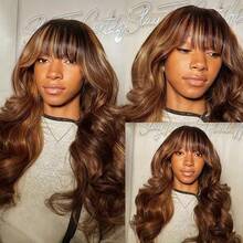 Ombre Highlight Body Wave Wig With Bangs Human Hair Body Wave Wear And Go Glueless Highlights Bangs Wig 4/27 Honey Blonde Brown Colored Blended Human Hair Wigs For Women - SP4/27 - 查看 4