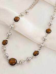 1pc Fashion Luxury Geometric Tiger Eye Beaded Chain Necklace, Suitable For Women's Daily And Holiday Wear - Silver - View 2