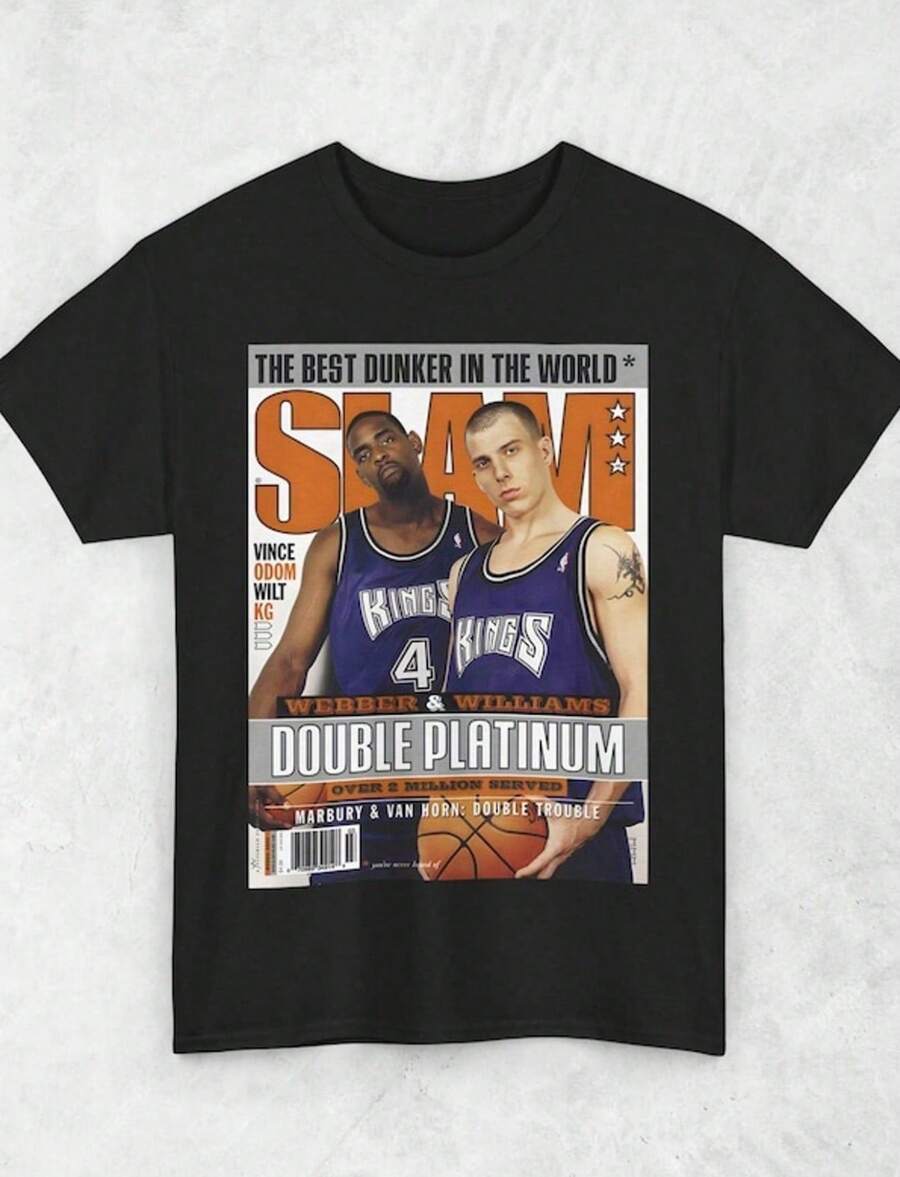 Camiseta con diseño de portada de SLAM de Chris Webber y Jason Williams, Sacramento Kings, camiseta deportiva unisex - Negro - Ver 1