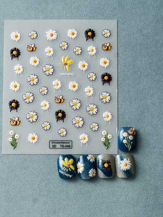 1 Sheet 5D Embossed Daisy Bee Nail Art Stickers Adhesive Sliders DIY Nails Polish Manicure Sticker Decals