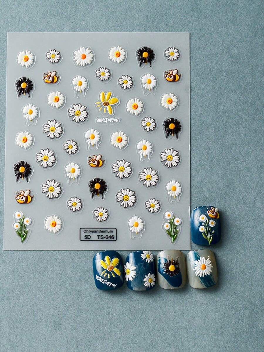 1 Sheet 5D Embossed Daisy Bee Nail Art Stickers Adhesive Sliders DIY Nails Polish Manicure Sticker Decals