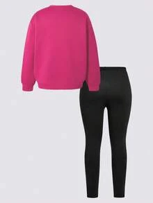 Bộ áo len cổ tròn ấm áp và quần legging in họa tiết hoạt hình cho bé gái tuổi mới lớn - Màu Hồng Tươi - Xem 3