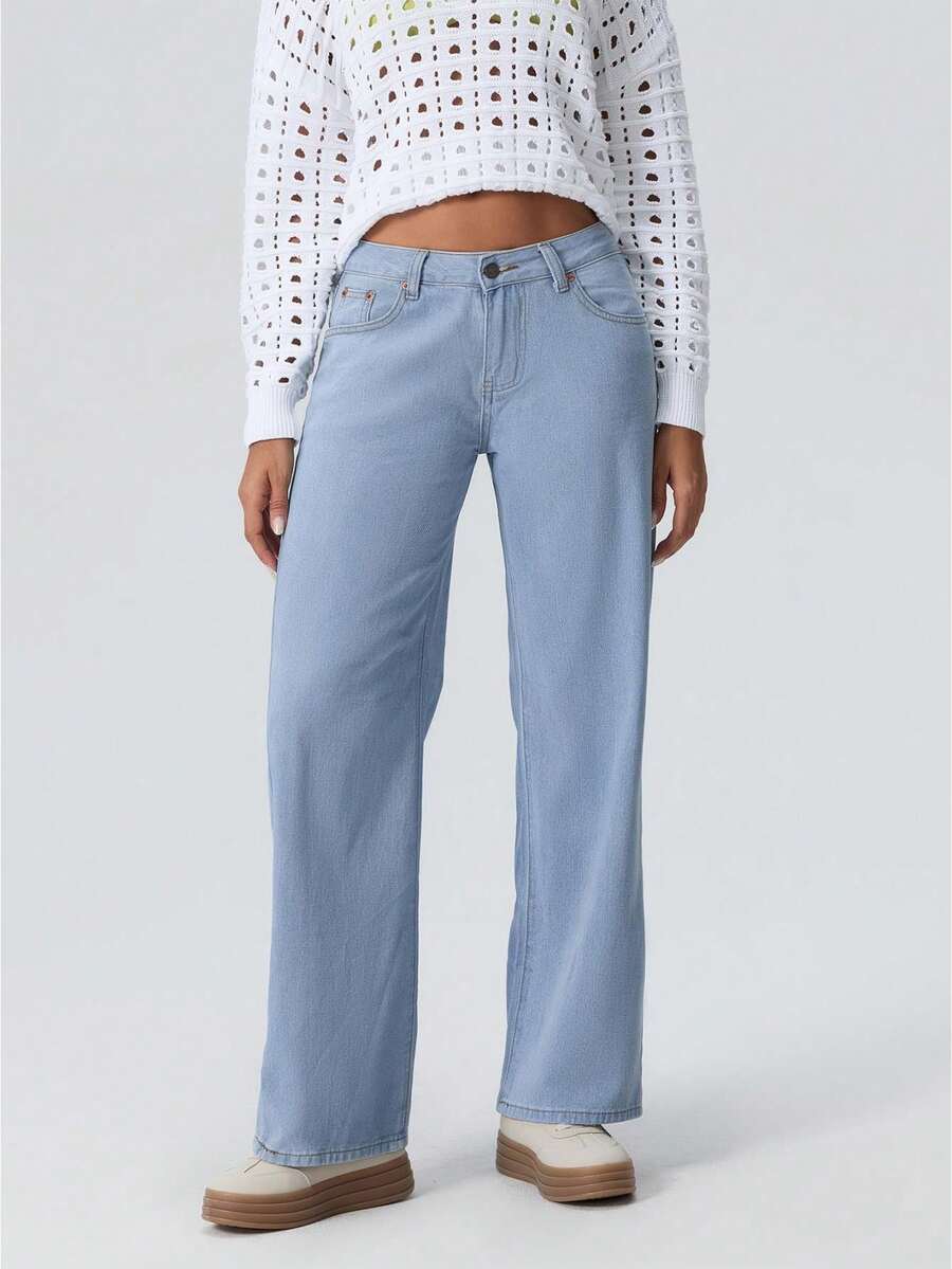 Women Wide Leg Jeans Low Rise Baggy Straight Leg Jeans Loose Boyfriend Jeans Casual Denim Pants Y2k Streetwear - 淺藍色 - 查看 1
