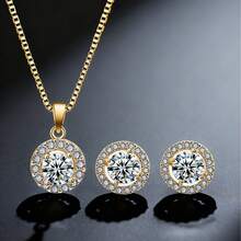 rakol 3入組經典圓形方晶鋯石邊女士們項鍊耳環首飾套裝