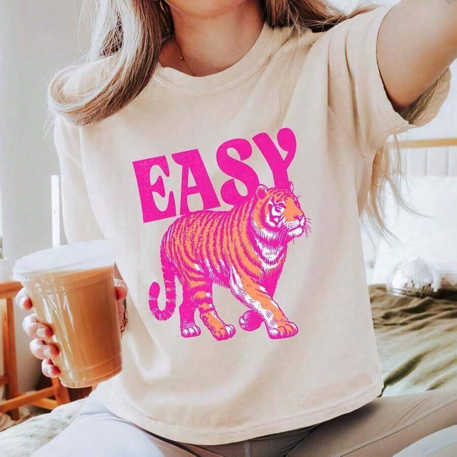 Easy Tiger Shirt, Di Tiger Boxy , Vintage Tigers Crop Top, Easy Tiger , Retro Tiger , Easy Tiger T-Shirtcotton220g High-Quality Pure Vintage Cotton T-Shirt Summer Outfits For Women Graphic Tees With Minimalist Printing, Soft And Breathable Fabric, Comfortable And Loose, Suitable For All Day Wear, Suitable For Office Casual Wear, Spring And Summer Daily Appearance, Elegant And Youthful Design-Unisex Summer Casual Vintage Cotton Printed T-Shirts For Couples - 白色 - 查看 1