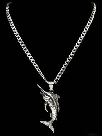 复古剑鱼吊坠项链，男女皆宜，不锈钢银色，复古嘻哈风格男士链条饰品，礼品