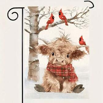冬季迎宾花园旗 - 12x18 英寸双面高地小牛和红雀图案，防风雨亚麻混纺面料，多用途户外装饰旗，可水洗且无需用电（仅含旗帜，数量：1）
