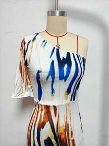Women's Fashion Casual Single Sleeve Open Shoulder Milk White Printed Dress - Blue - View 3