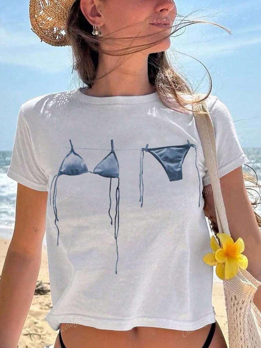 Casual Women's T-Shirts With Bikini Graphic Print Casual Short-Sleeved T-Shirts Are Suitable For Casual Wear, Beach And Sports - 白色 - 查看 1