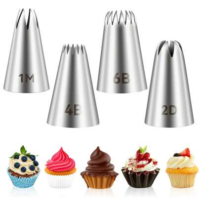 1 Set(4pcs) 1M 2D 6B 4B Cake Piping Tips, Cake Decorating Supplies Piping Tips, Piping Nozzles Decorating Tips, Baking Tools For Buttercream, Icing, Birthday Cake, Cupcake, DIY Art