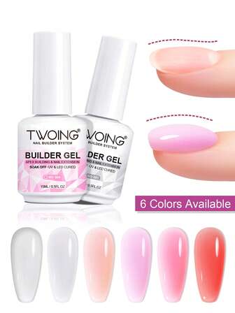 TWOING 6 Colors Jelly Rubber Building Base Coat Gel, Quick Building, Nail Extension, Strengthening, Filling Broken Nails, Semi-Permanent Varnish, Formaldehyde-Free, Durable And Long-Lasting For Manicure