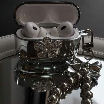 闪亮奢华水钻镶嵌3D立体花卉装饰电镀耳机盒，配银色蝴蝶结和珍珠挂链，兼容苹果耳机1/2/3/4/Pro/Pro2 - 送给闺蜜的礼物，节日礼物