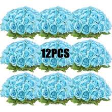 40支仿真玫瑰花束，丝绸假花，逼真长茎玫瑰，适用于婚礼装饰、新娘送礼会中心摆件、花艺布置、派对家居餐桌装饰、生日、周年纪念日、情人节、母亲节等场合。 - 淺藍色 - 查看 10