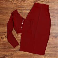 Women's Elegant Vintage Style Solid Color 2-Piece Set, Includes Asymmetric Asymmetrical Shoulder Top And Long Skirt, Burgundy